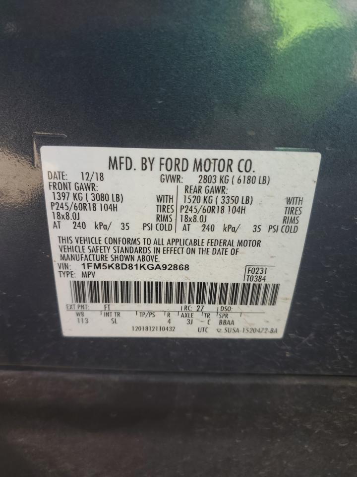 2019 Ford Explorer VIN 1FM5K8D81KGA92868 Copart auction photo, hail / minor dent/scratches damage thumbnail 13