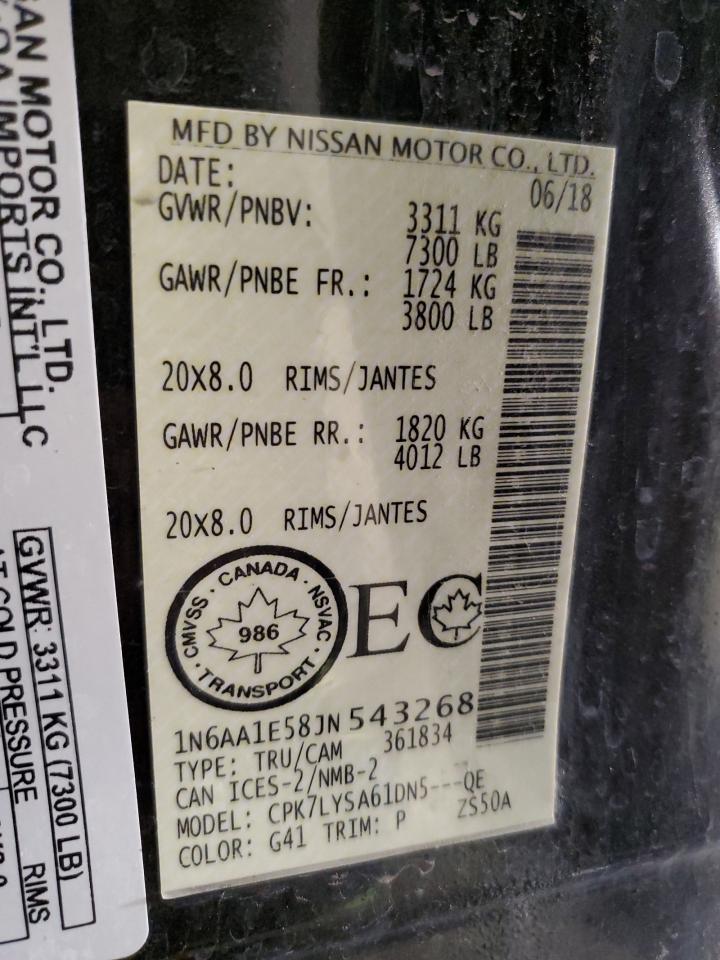 2018 Nissan Titan VIN 1N6AA1E58JN543268 Copart auction photo, front end / rear end damage thumbnail 14