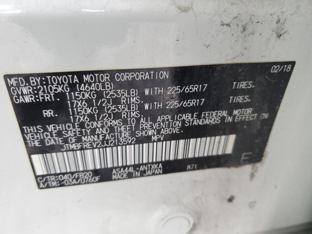 2018 Toyota RAV 4 VIN JTMBFREV2JJ213592 Copart auction photo, rear end / frame damage damage thumbnail 15