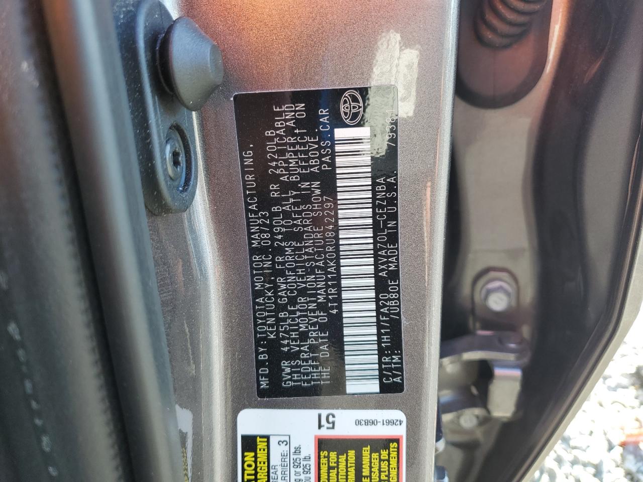2024 Toyota Camry VIN 4T1R11AK0RU842297 Copart auction photo, front end / side damage thumbnail 12