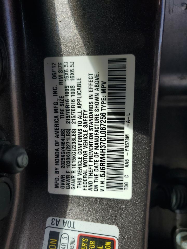 2012 Honda CR-V VIN 5J6RM4H37CL067256 Copart auction photo, front end damage thumbnail 13