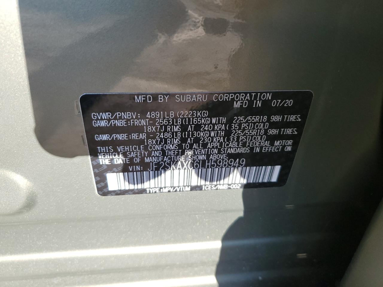 2020 Subaru Forester VIN JF2SKAXC6LH598949 Copart auction photo, front end damage thumbnail 13