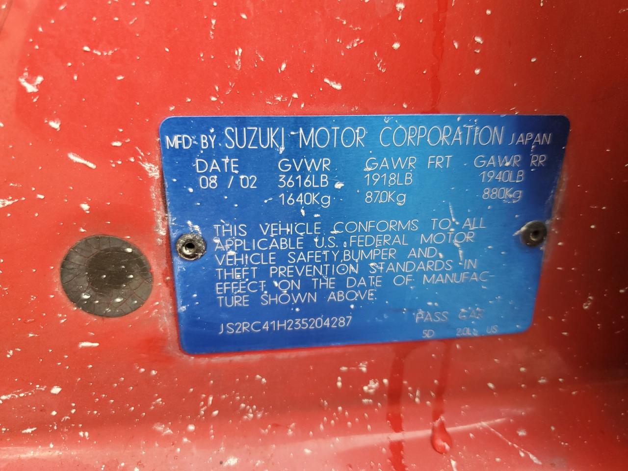 2003 Suzuki Aerio VIN JS2RC41H235204287 Copart auction photo, front end / side damage thumbnail 12