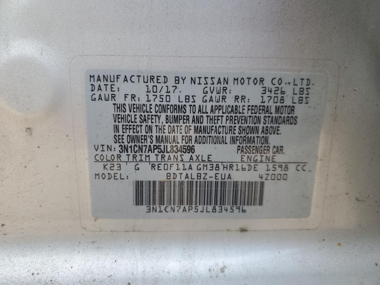 2018 Nissan Versa VIN 3N1CN7AP5JL834596 Copart auction photo, mechanical / minor dent/scratches damage thumbnail 12