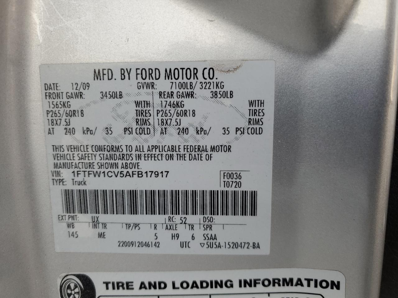 2010 Ford F-150 VIN 1FTFW1CV5AFB17917 Copart auction photo, rear end damage thumbnail 12