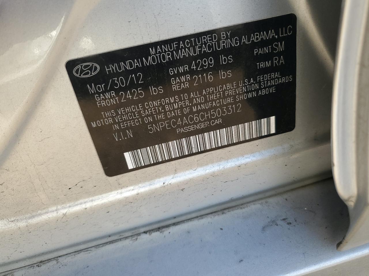 2012 Hyundai Sonata VIN 5NPEC4AC6CH503312 Copart auction photo, front end damage thumbnail 12