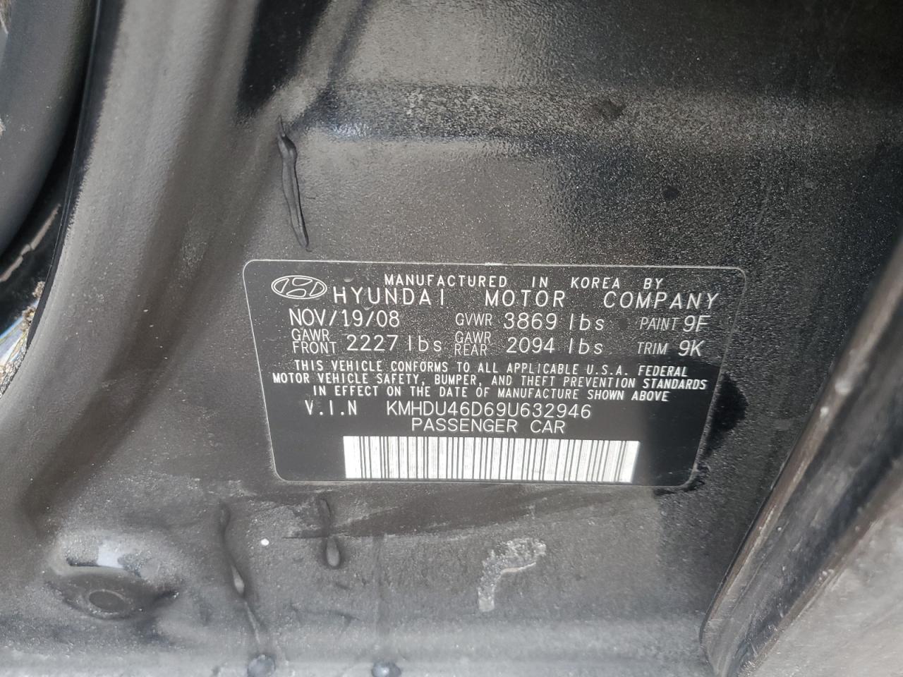 2009 Hyundai Elantra VIN KMHDU46D69U632946 Copart auction photo, front end damage thumbnail 14