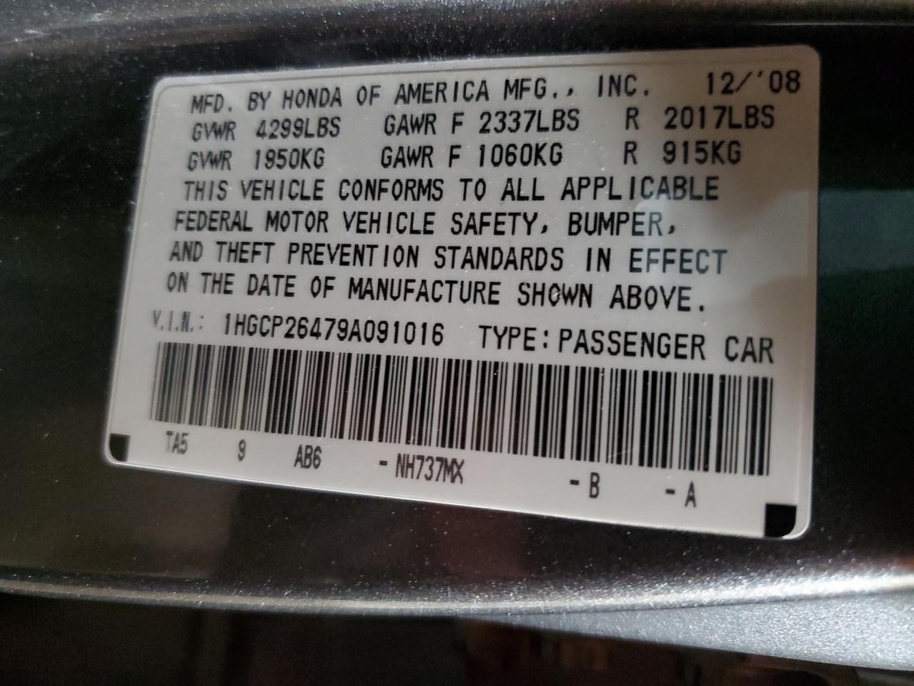 2009 Honda Accord VIN 1HGCP26479A091016 Copart auction photo, front end / rear end damage thumbnail 13
