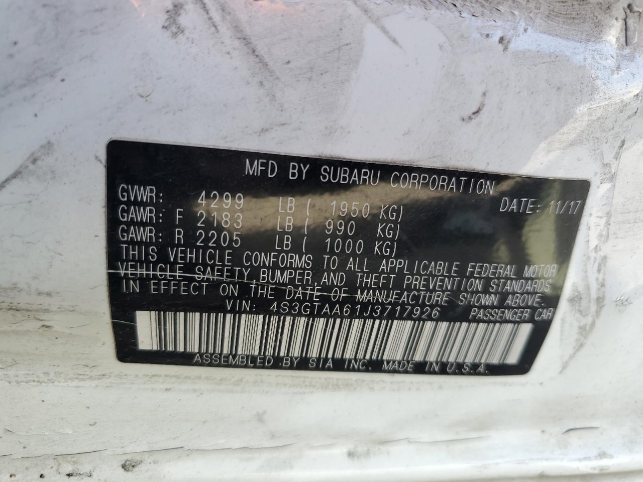 2018 Subaru Impreza VIN 4S3GTAA61J3717926 Copart auction photo, side damage thumbnail 12