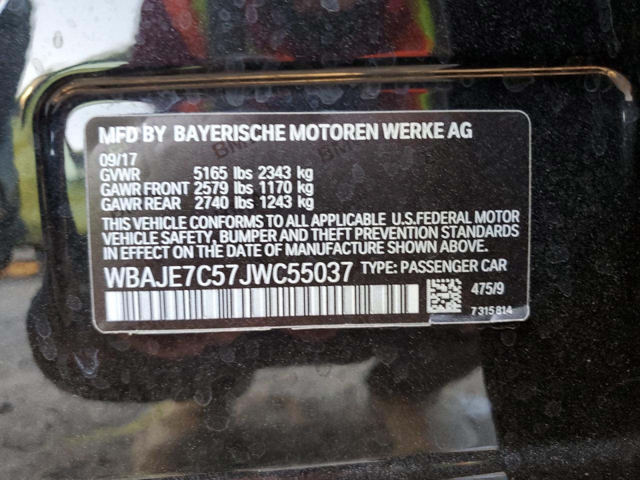 2018 BMW 5er VIN WBAJE7C57JWC55037 Copart auction photo, front end damage thumbnail 13