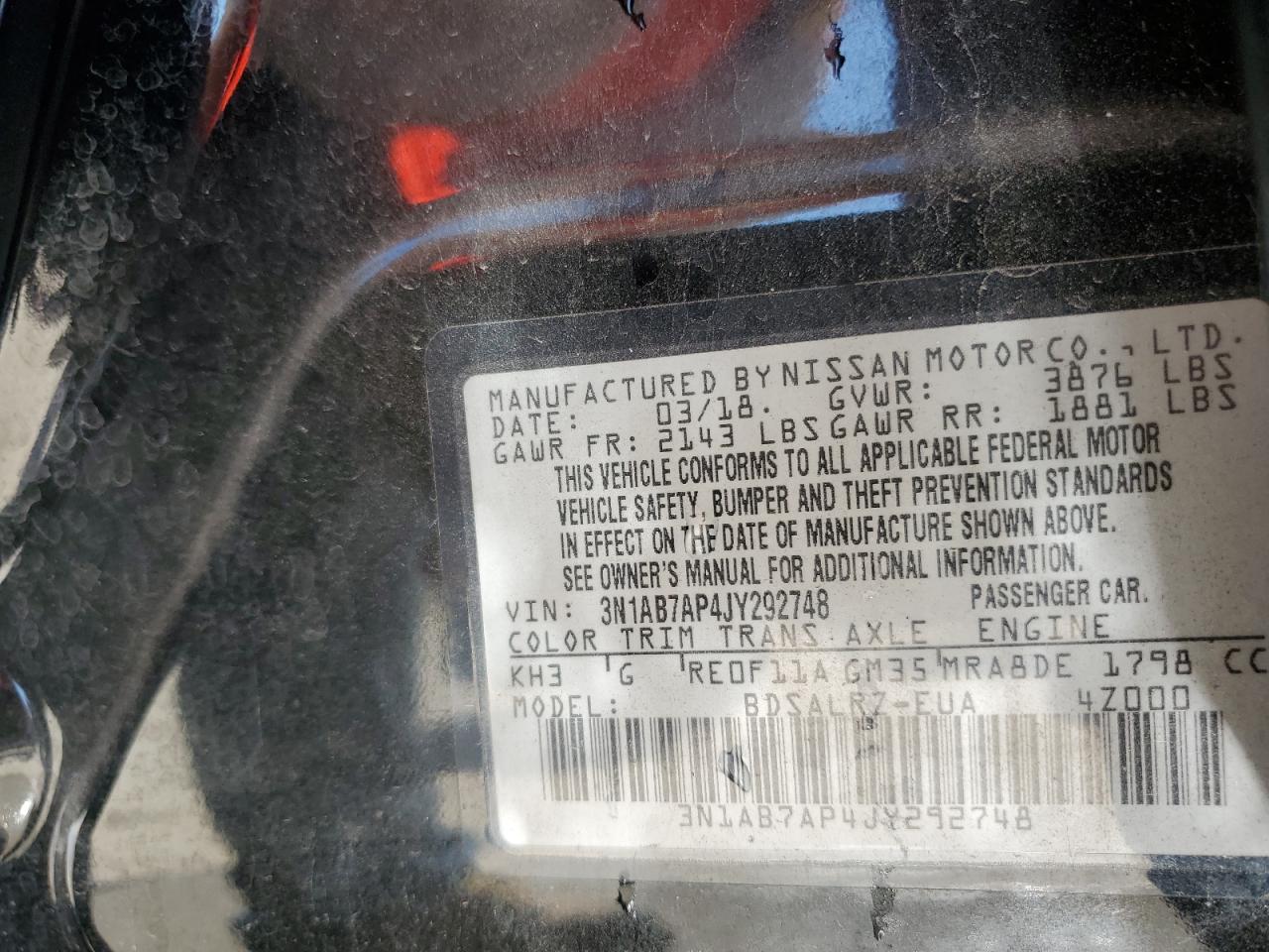 2018 Nissan Sentra VIN 3N1AB7AP4JY292748 Copart auction photo, rear end / side damage thumbnail 12
