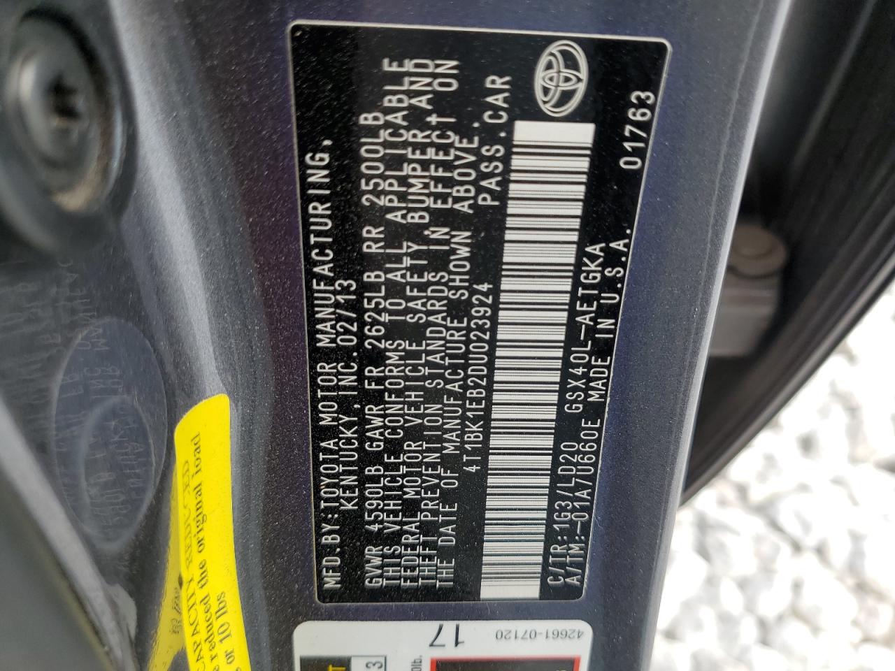 2013 Toyota Avalon VIN 4T1BK1EB2DU023924 Copart auction photo, side damage thumbnail 14