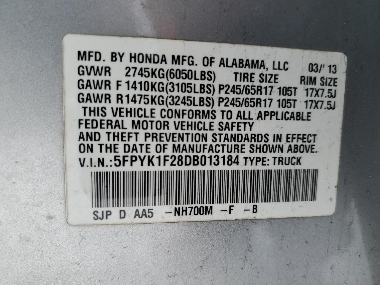 2013 Honda Ridgeline VIN 5FPYK1F28DB013184 Copart auction photo, front end / minor dent/scratches damage thumbnail 12