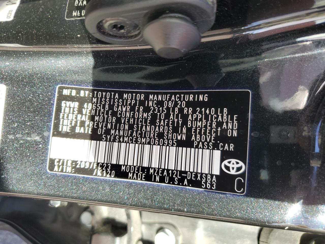 2021 Toyota Corolla VIN 5YFS4MCE9MP060995 Copart auction photo, front end / side damage thumbnail 13