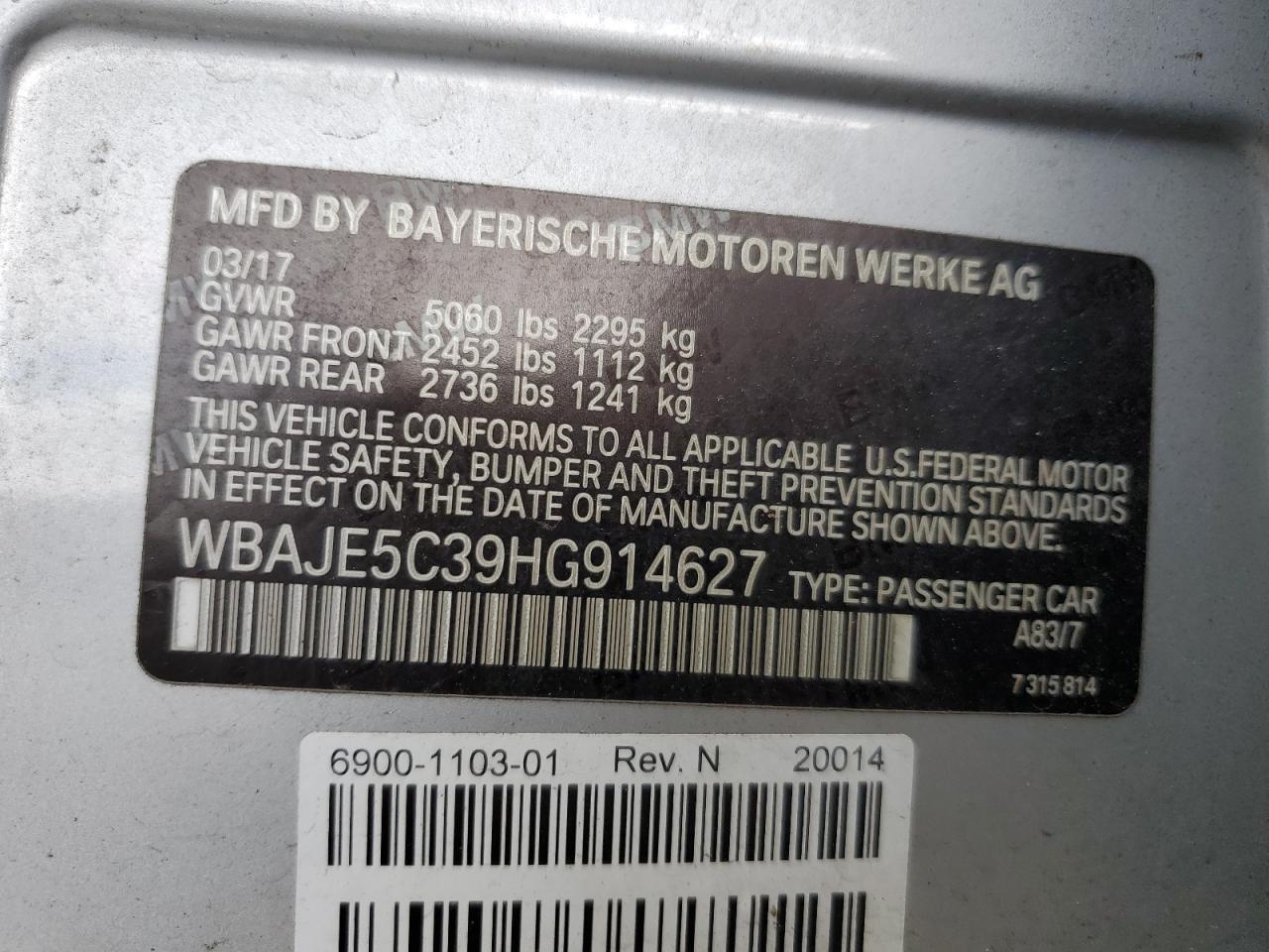 2017 BMW 5er VIN WBAJE5C39HG914627 Copart auction photo, front end damage thumbnail 12