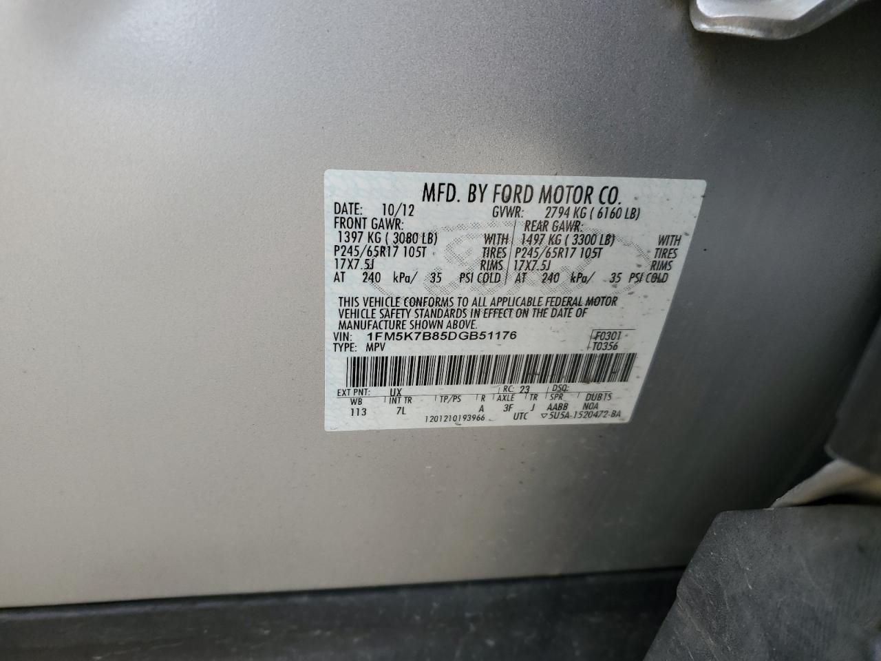 2013 Ford Explorer VIN 1FM5K7B85DGB51176 Copart auction photo, all over damage thumbnail 14
