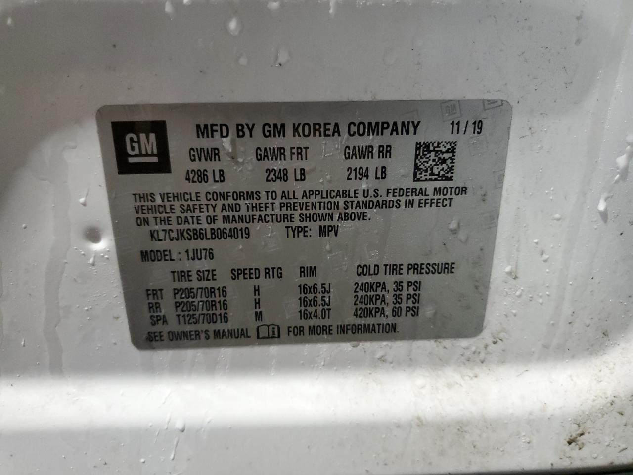 2020 Chevrolet Trax VIN KL7CJKSB6LB064019 Copart auction photo, mechanical / minor dent/scratches damage thumbnail 13