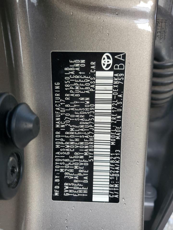 2018 Toyota Corolla VIN 5YFBURHE7JP757390 Copart auction photo, front end damage thumbnail 12