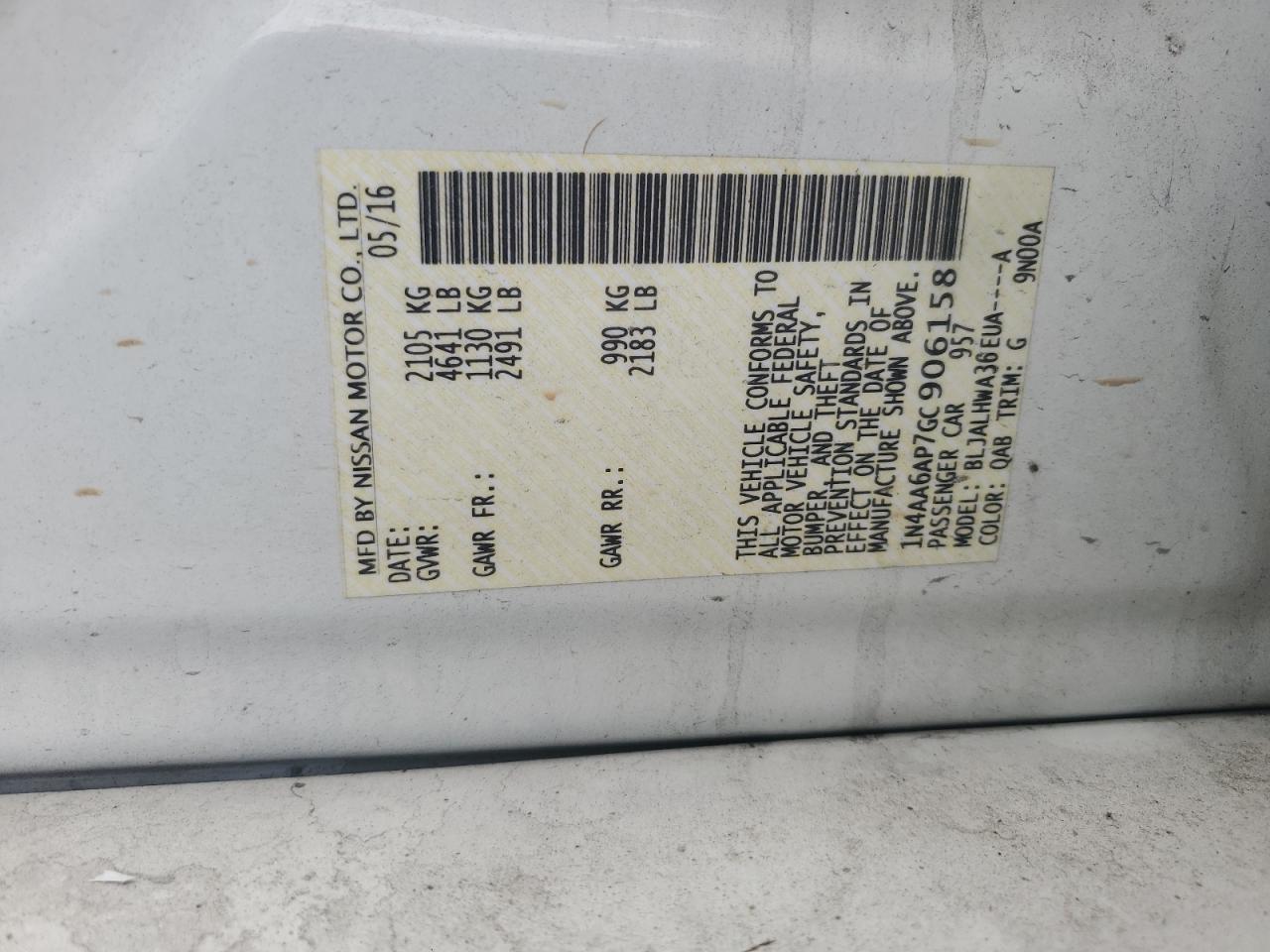 2016 Nissan Maxima VIN 1N4AA6AP7GC906158 Copart auction photo, all over / undercarriage damage thumbnail 13