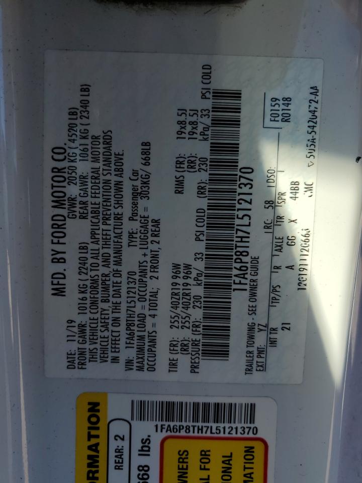 2020 Ford Mustang VIN 1FA6P8TH7L5121370 Copart auction photo, front end / minor dent/scratches damage thumbnail 12
