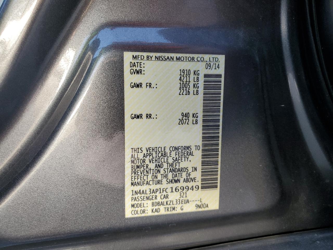 2015 Nissan Altima VIN 1N4AL3AP1FC169949 Copart auction photo, front end damage thumbnail 12