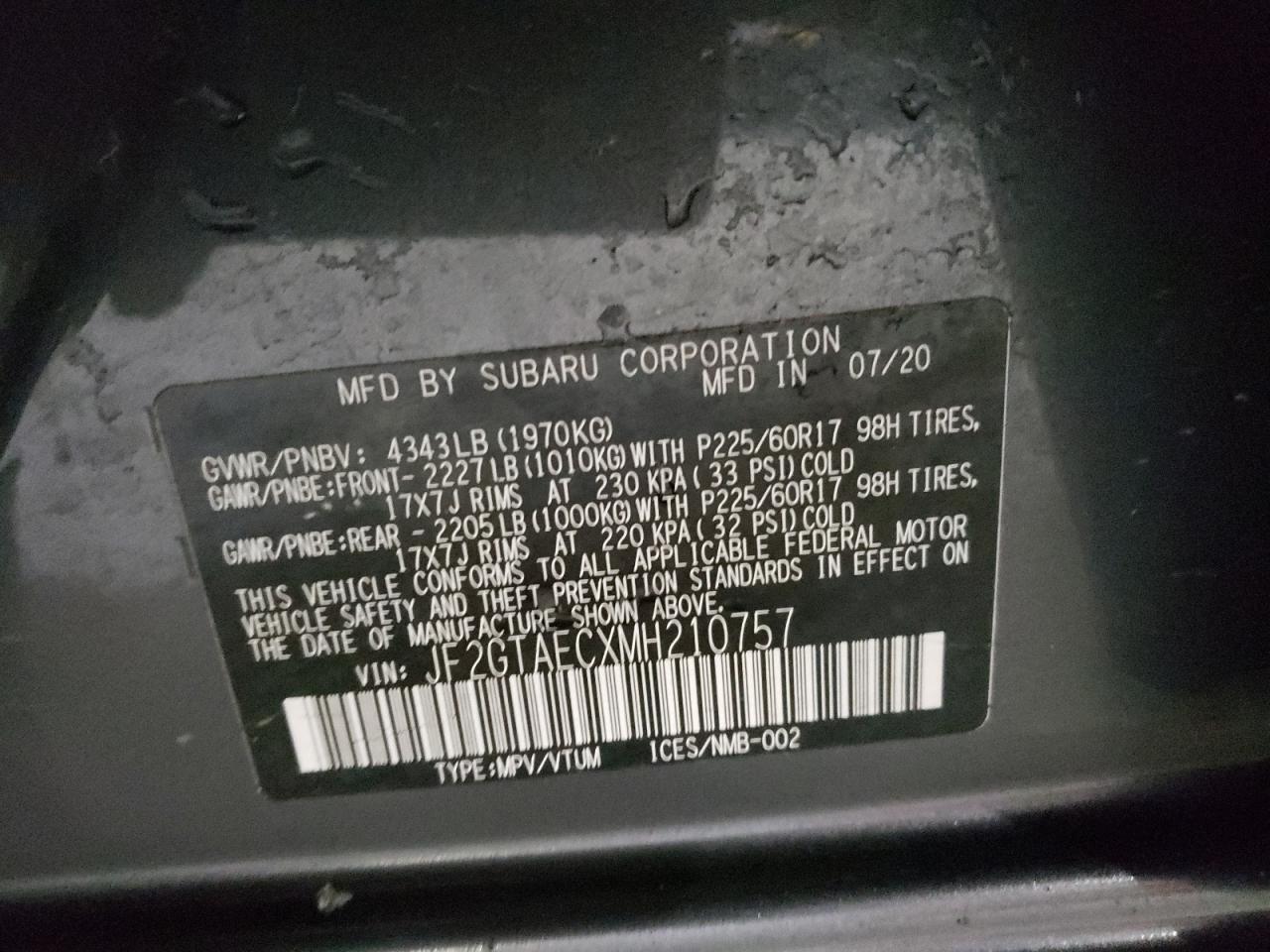 2021 Subaru XV VIN JF2GTAECXMH210757 Copart auction photo, side / front end damage thumbnail 14