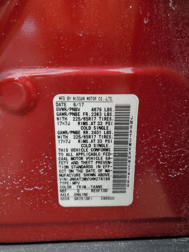 2017 Nissan Rogue VIN JN8AT2MVXHW274199 Copart auction photo, front end damage thumbnail 12
