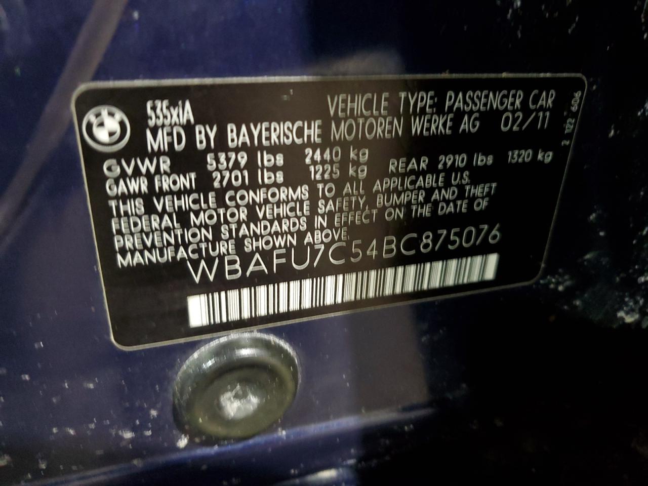 2011 BMW 5er VIN WBAFU7C54BC875076 Copart auction photo, side / rear end damage thumbnail 14