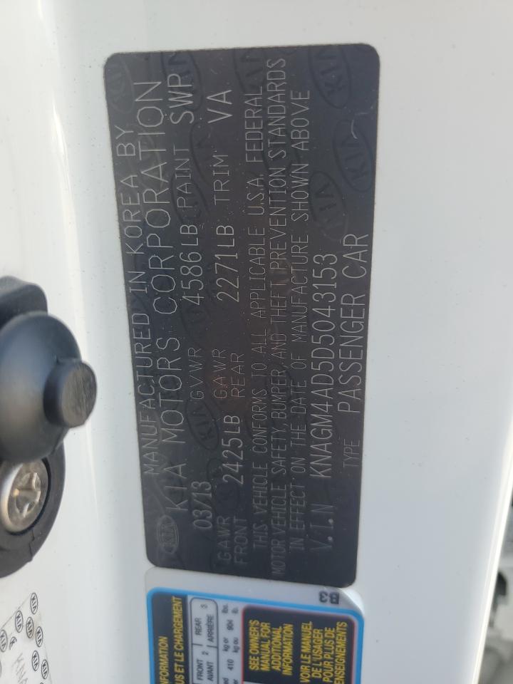 2013 KIA Optima VIN KNAGM4AD5D5043153 Copart auction photo, front end damage thumbnail 12