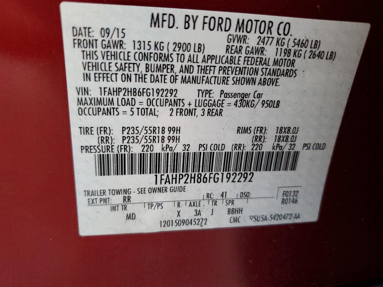 2015 Ford Taurus VIN 1FAHP2H86FG192292 Copart auction photo, front end damage thumbnail 14