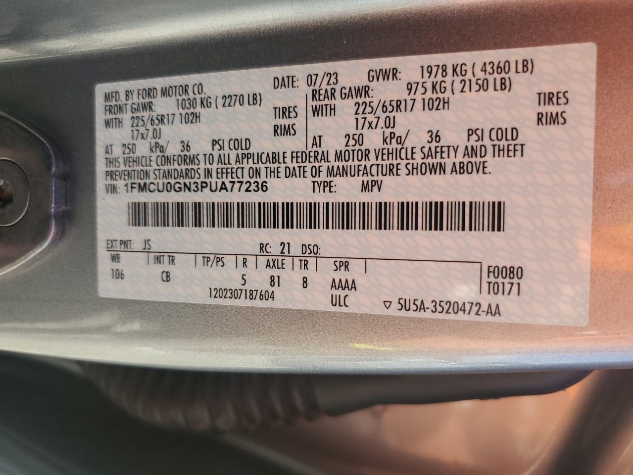 2023 Ford Escape VIN 1FMCU0GN3PUA77236 Copart auction photo, front end / top/roof damage thumbnail 13