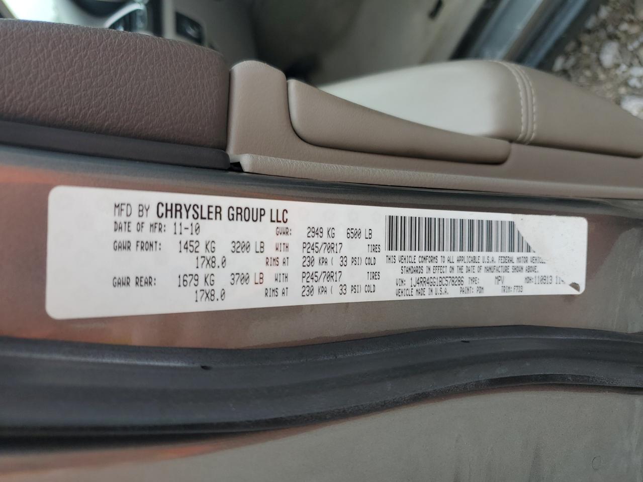 2011 Jeep Grand Cherokee VIN 1J4RR4GG1BC578286 Copart auction photo, side damage thumbnail 13