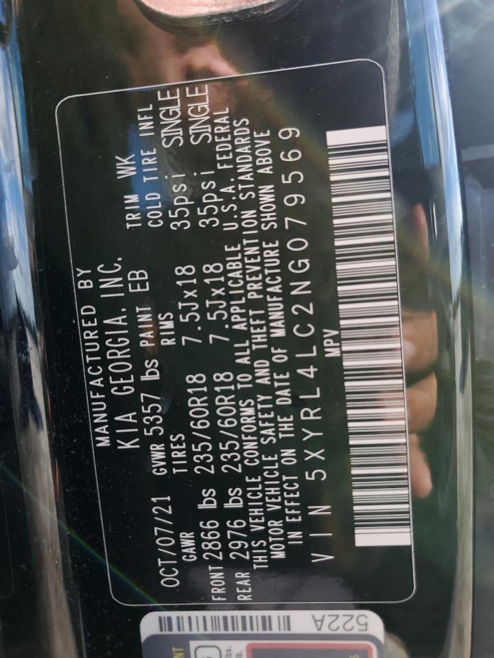 2022 KIA Sorento VIN 5XYRL4LC2NG079569 Copart auction photo, rear end damage thumbnail 13