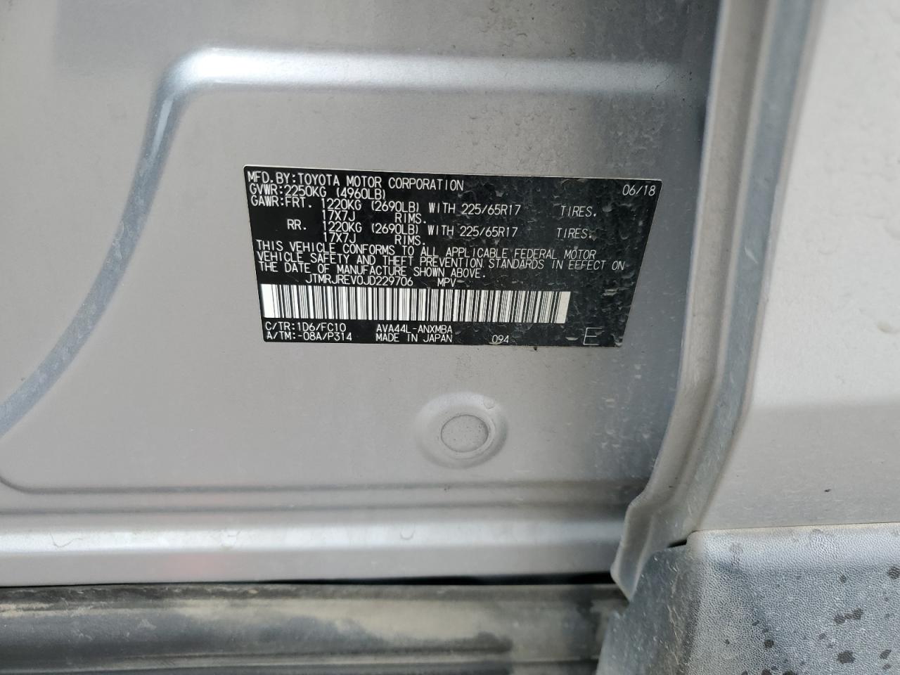 2018 Toyota RAV 4 VIN JTMRJREV0JD229706 Copart auction photo, rear end damage thumbnail 13