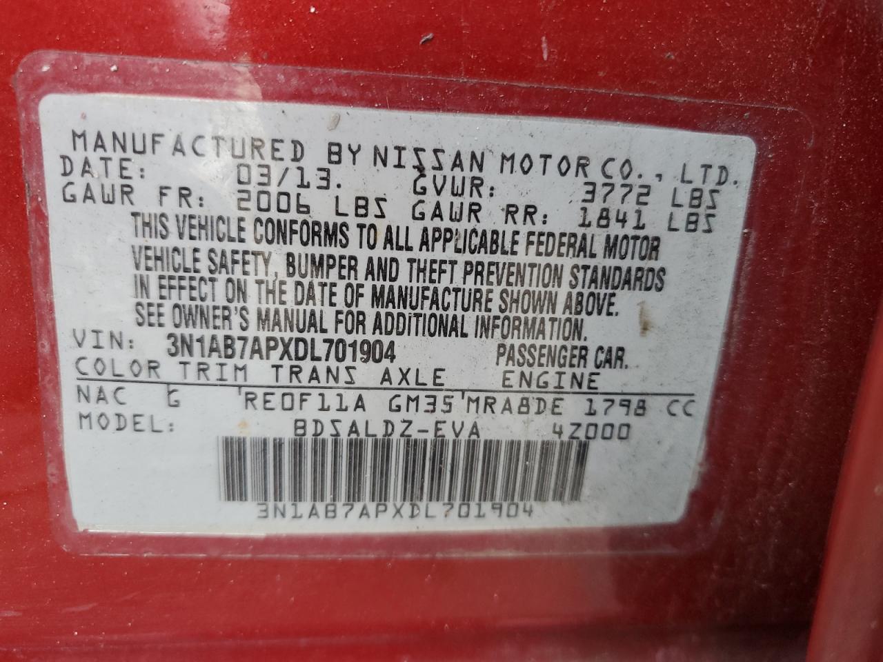 2013 Nissan Sentra VIN 3N1AB7APXDL701904 Copart auction photo, front end / side damage thumbnail 14