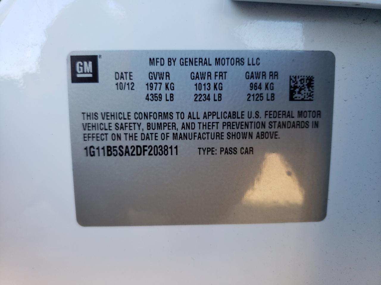 2013 Chevrolet Malibu VIN 1G11B5SA2DF203811 Copart auction photo, front end / side damage thumbnail 14