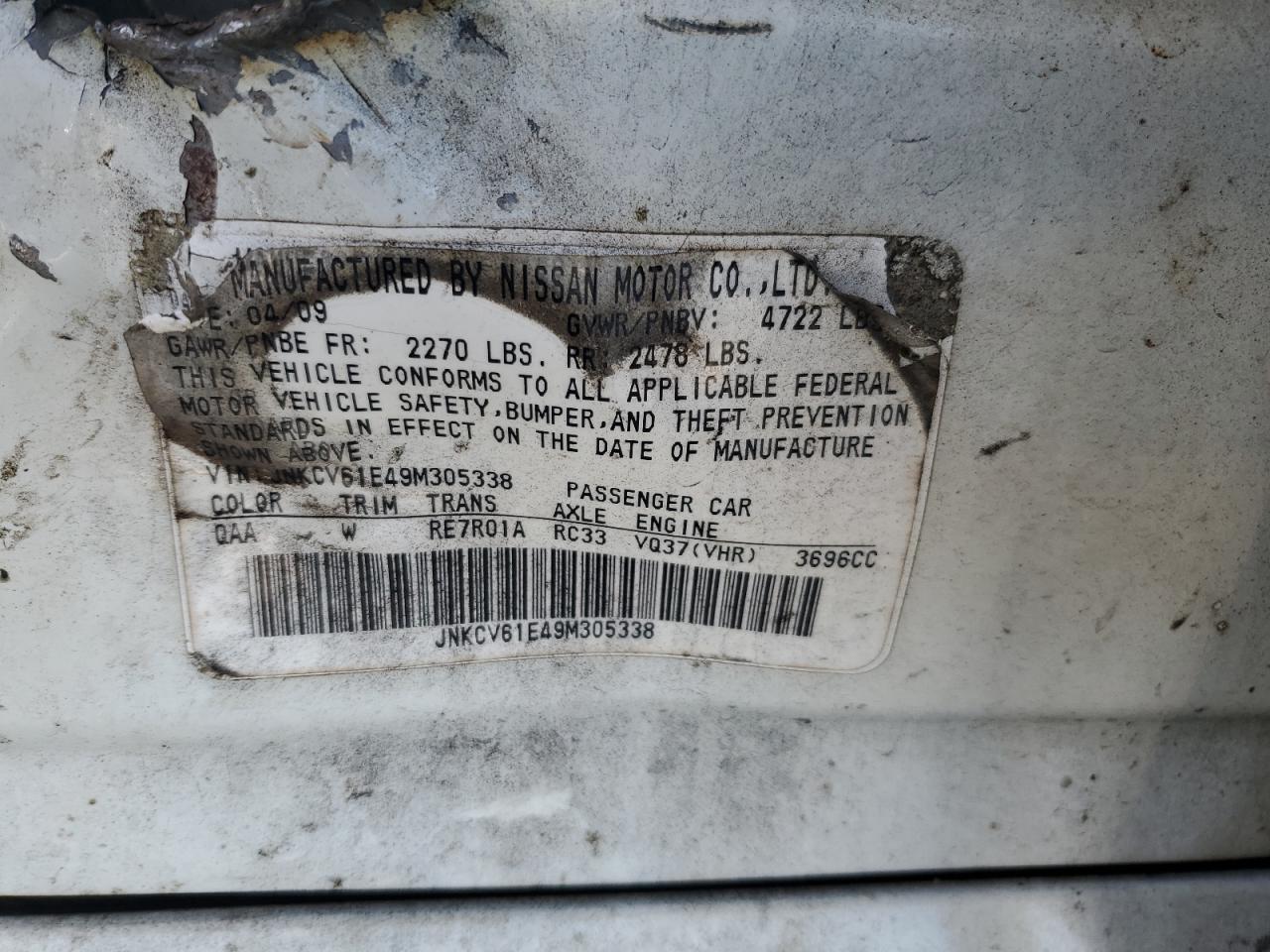2009 Infiniti G VIN JNKCV61E49M305338 Copart auction photo, all over damage thumbnail 13