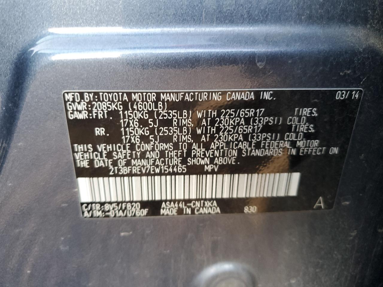 2014 Toyota RAV 4 VIN 2T3BFREV7EW154465 Copart auction photo, front end damage thumbnail 13