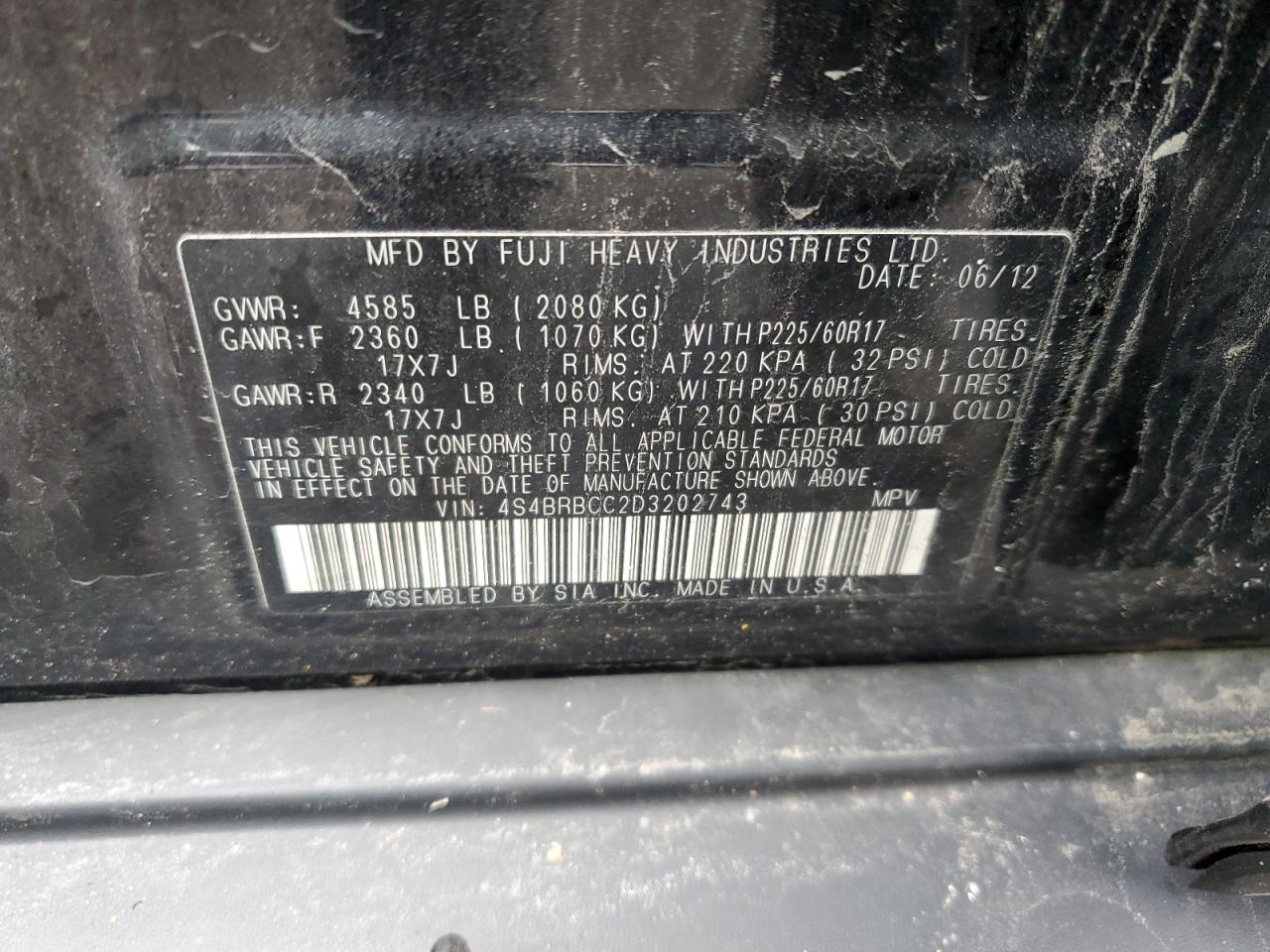 2013 Subaru Outback VIN 4S4BRBCC2D3202743 Copart auction photo, front end damage thumbnail 13