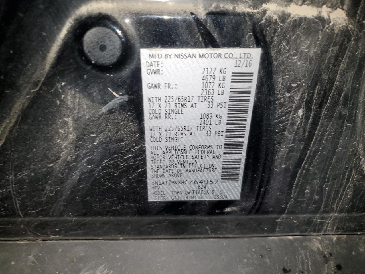 2017 Nissan Rogue VIN 5N1AT2MVXHC764957 Copart auction photo, front end / minor dent/scratches damage thumbnail 15