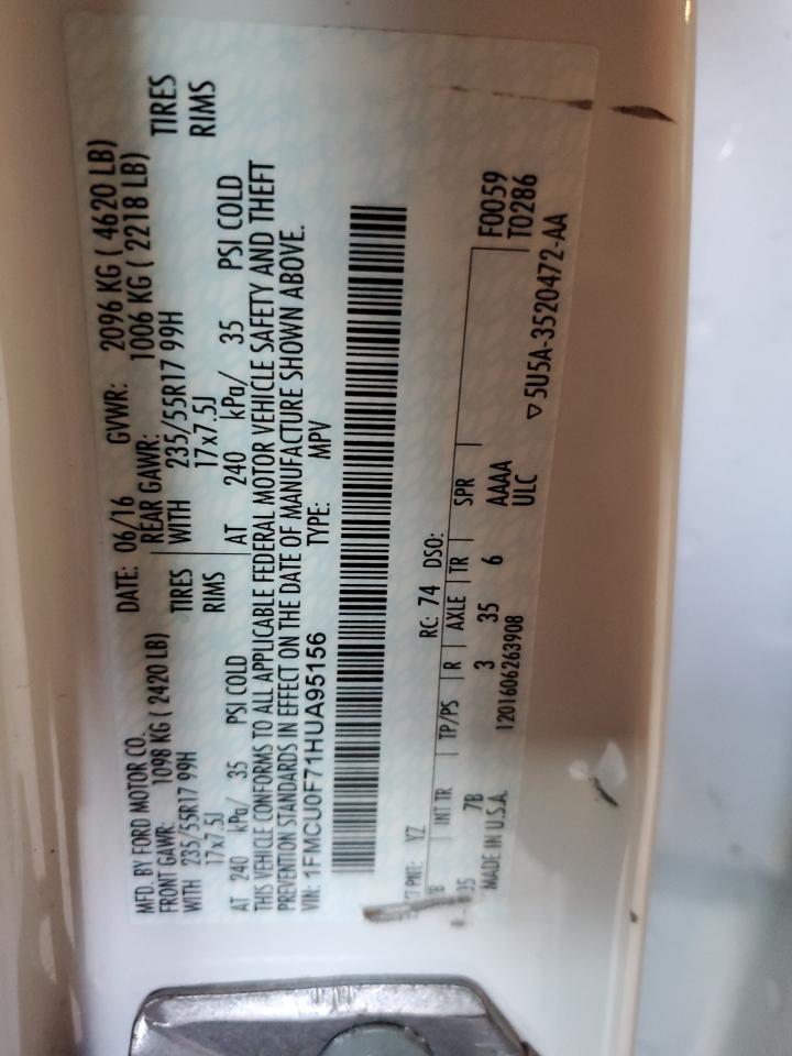 2017 Ford Escape VIN 1FMCU0F71HUA95156 Copart auction photo, front end / side damage thumbnail 13