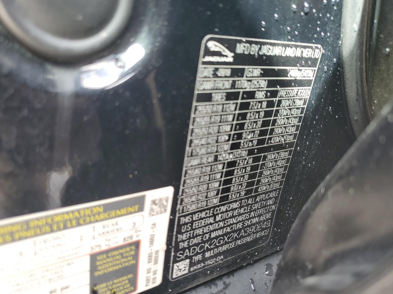 2019 Jaguar F-Pace VIN SADCK2GX2KA390249 Copart auction photo, rear end damage thumbnail 16