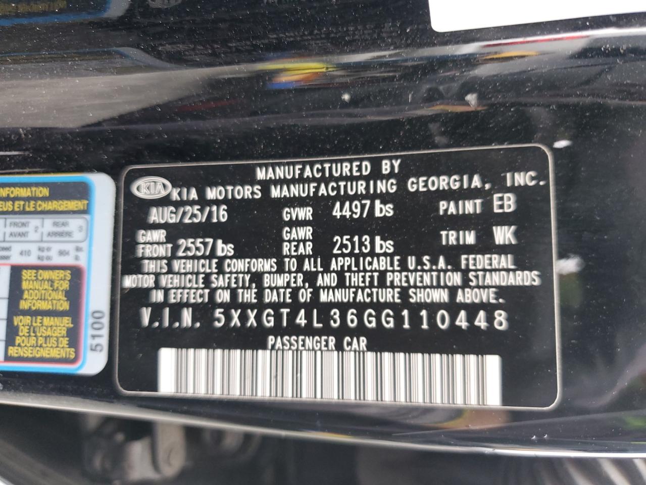 2016 KIA Optima VIN 5XXGT4L36GG110448 Copart auction photo, vandalism / stripped damage thumbnail 12