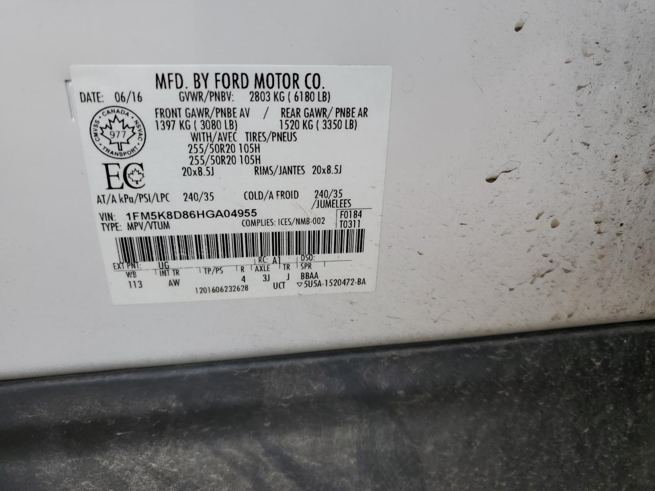 2017 Ford Explorer VIN 1FM5K8D86HGA04955 Copart auction photo, side / front end damage thumbnail 15