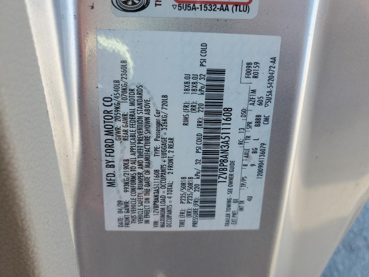 2010 Ford Mustang VIN 1ZVBP8AN3A5111608 Copart auction photo, side damage thumbnail 14