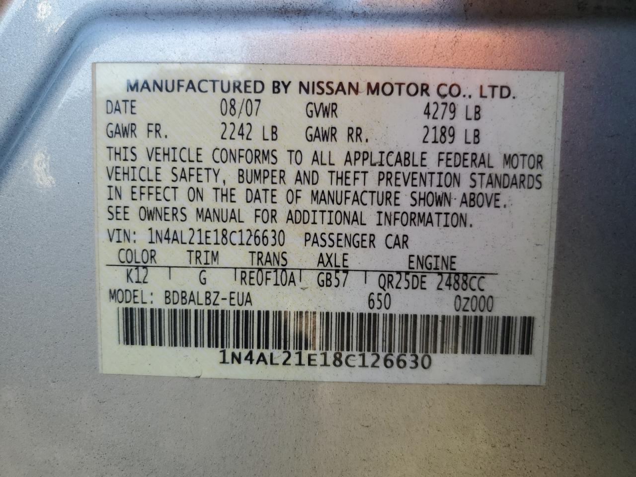 2008 Nissan Altima VIN 1N4AL21E18C126630 Copart auction photo, front end damage thumbnail 14