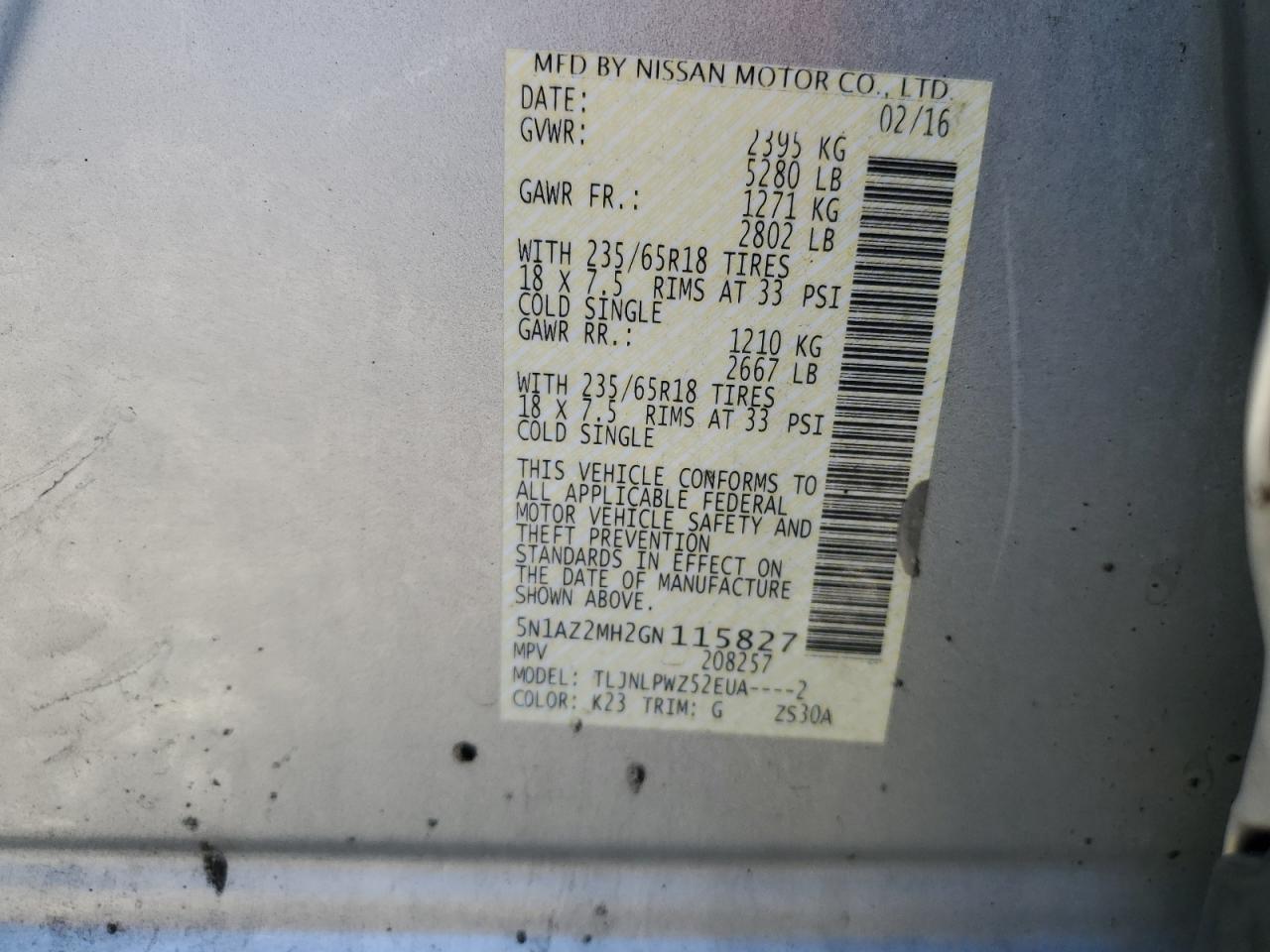 2016 Nissan Murano VIN 5N1AZ2MH2GN115827 Copart auction photo, front end / rear end damage thumbnail 13