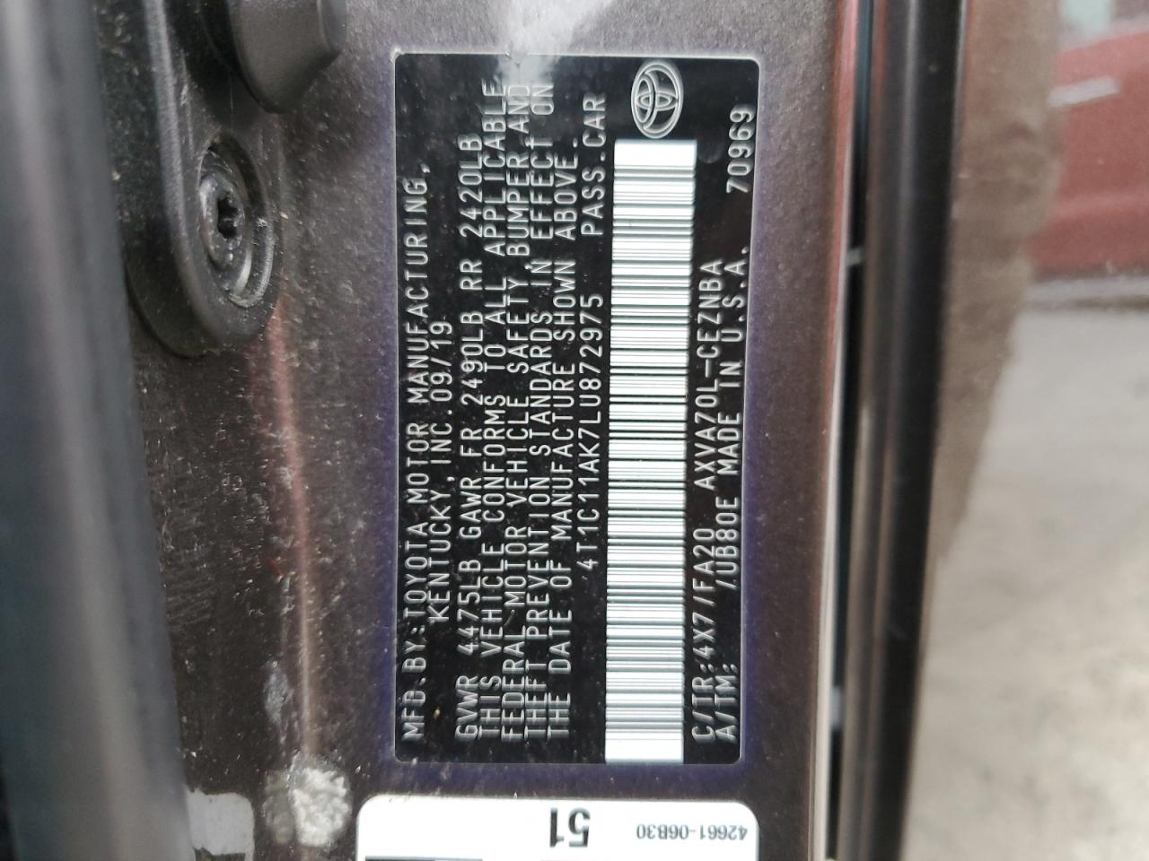 2020 Toyota Camry VIN 4T1C11AK7LU872975 Copart auction photo, front end damage thumbnail 13