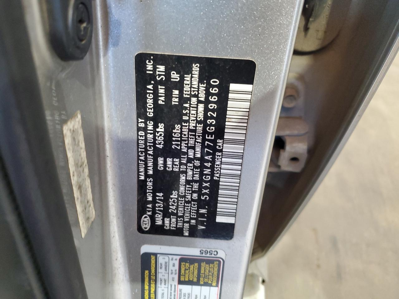 2014 KIA Optima VIN 5XXGN4A77EG329660 Copart auction photo, undercarriage / minor dent/scratches damage thumbnail 14