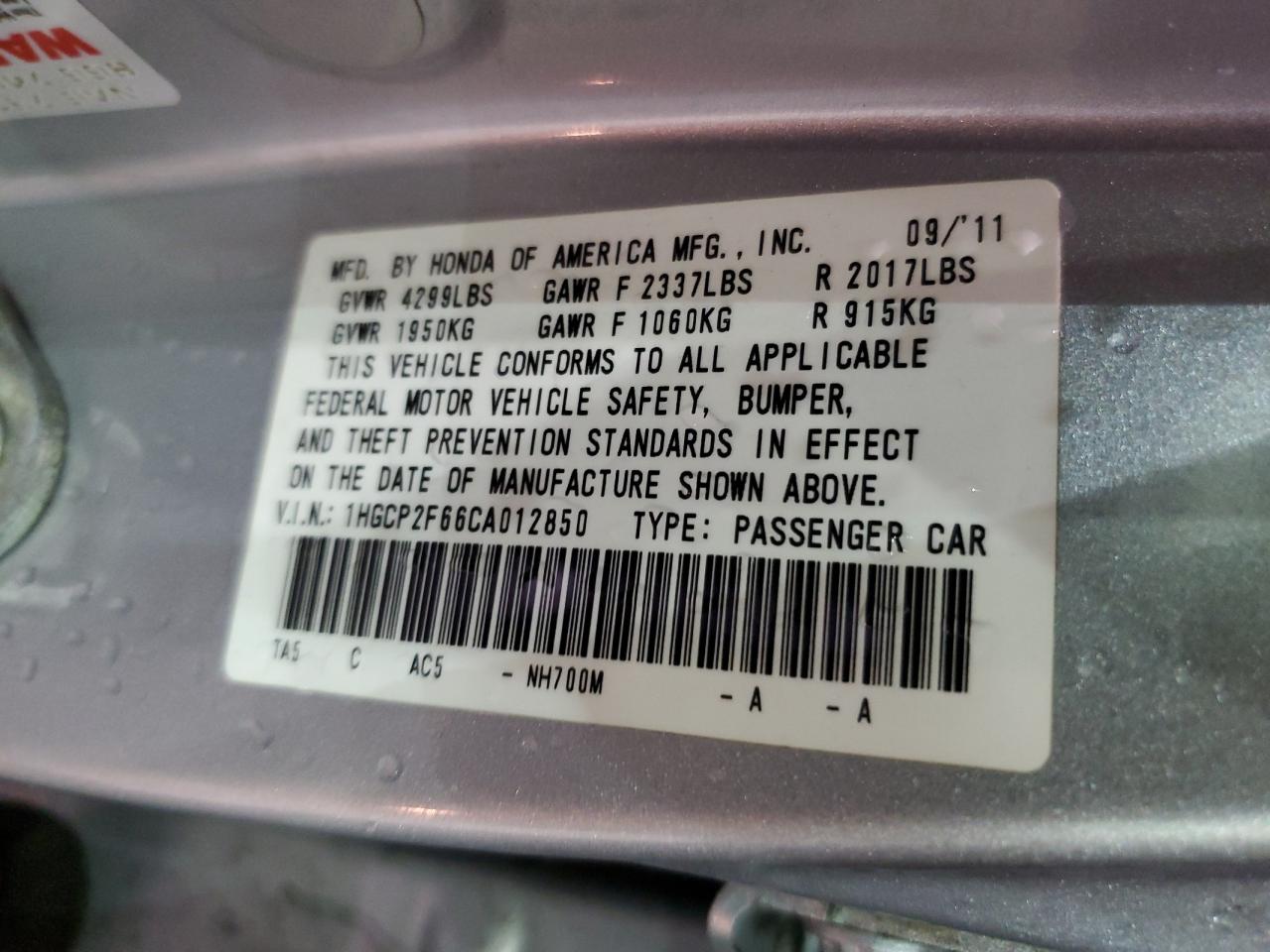 2012 Honda Accord VIN 1HGCP2F66CA012850 Copart auction photo, front end / undercarriage damage thumbnail 12